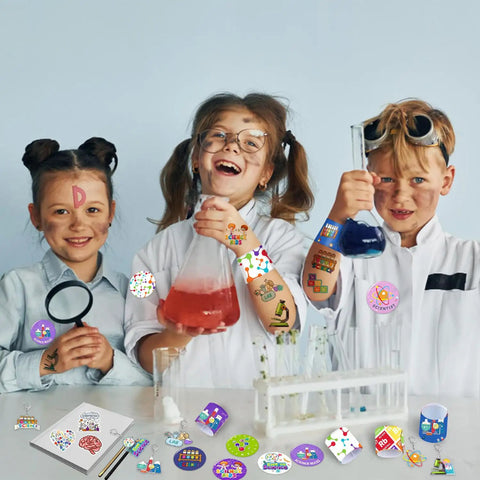 Children with lab coats and Totally Cool 98 Piece Science Party Favors Bundle at a STEM birthday party, featuring keychains and tattoos.