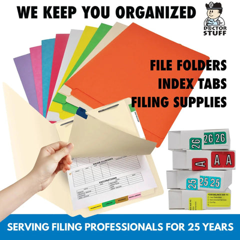 Colorful file folders with index tabs and 2026 Year Stickers for End Tab File Folders Holographic Fuchsia Chart Labels USA Made