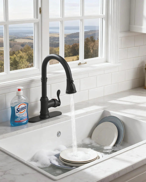 Matte Black Kitchen Sink Faucet With Pull Down Sprayer Three Outlet Modes in use, water flowing over dishes, farmhouse style sink