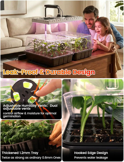 Family using Full Spectrum LED Grow Light Seed Starter Kit With 80 Cell Tray, 30W Heating Mat And Adjustable Dome indoors