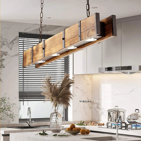 Rustic Wood LED Hanging Pendant Light For Dining Room And Kitchen Island 100cm Adjustable Height Modern Sputnik Style Ceiling Fixture