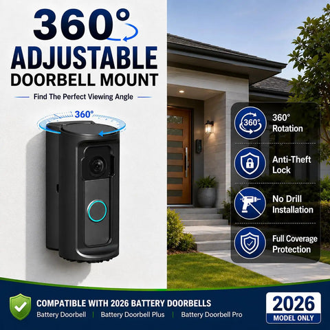 No Sweat Anti Theft Security Cage For Modern Battery Doorbells featuring 360° swivel mount, black weatherproof design for 2026 models.