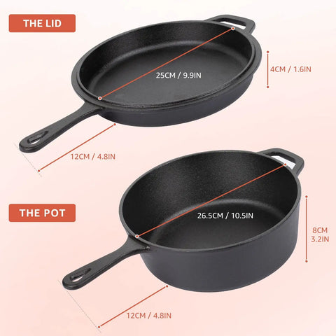 Two In One Cast Iron Dutch Oven With Lid That Doubles As A Shallow Skillet, 3.2 Quart Deep Pot For Searing And Stewing dimensions