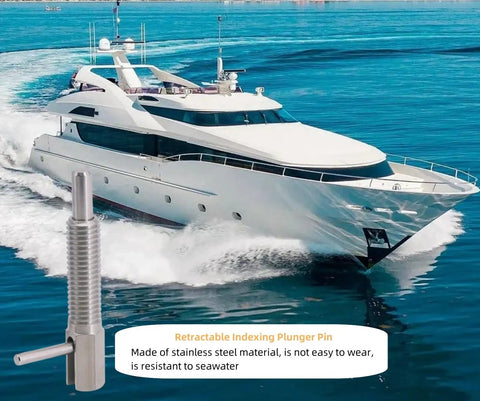 Beefy M12 Retractable Indexing Plunger Pin 2 Pack next to yacht in water showcasing heavy duty stainless steel build for marine use.