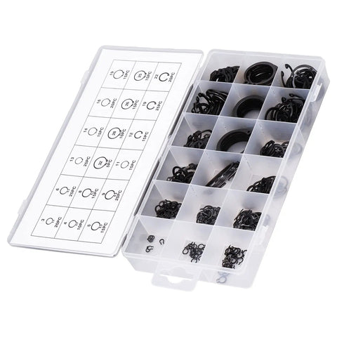 Durable 300 Piece C Clip Retainer Ring Fixing Kit for Automotive and Machinery with assorted sizes in a clear box.