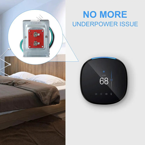 Doorbell Transformer 24V 40VA For Ring Doorbell UL Listed Wired Kit displayed beside a thermostat in a bedroom setting.