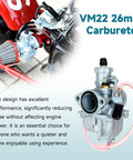 Performance VM22 26mm Carburetor for Predator 212cc 196cc go-karts, shown with 38mm air filter and intake manifold, red accents.