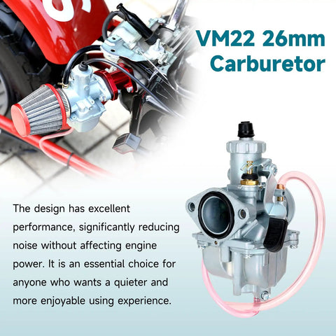 Performance VM22 26mm Carburetor for Predator 212cc 196cc go-karts, shown with 38mm air filter and intake manifold, red accents.