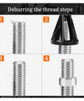 Steps illustrating the deburring process with the Hands Down Top Notch Chamfering Tool to smooth rough edges of threaded metal.