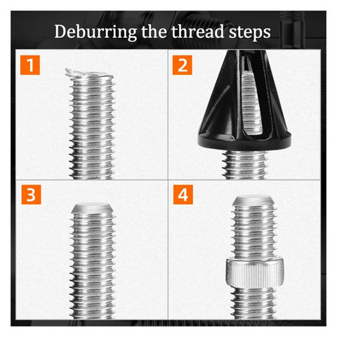 Steps illustrating the deburring process with the Hands Down Top Notch Chamfering Tool to smooth rough edges of threaded metal.