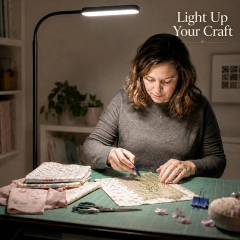 Woman crafting under Lit LED Floor Lamp With Stepless Dimming And 3000K To 6000K Color Range, 15W 1000lm, Remote And Touch Control