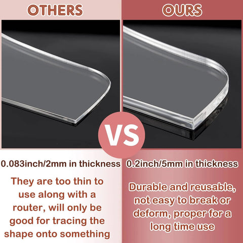 Comparison of two router templates, highlighting our Six Piece Acrylic Router Template Set for Charcuterie Boards with thicker acrylic.