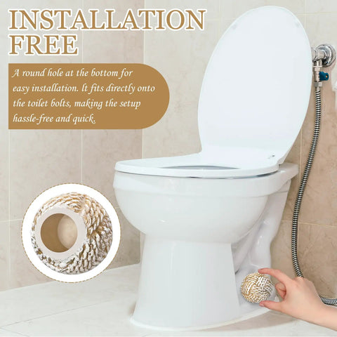 Killer 2 Pack Boho Knot Toilet Bolt Caps Ceramic Screw Covers Decor Bathroom Upgrades showing easy installation on toilet bolts.
