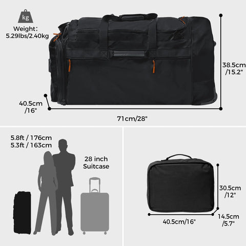 Front view of Khalor rolling duffle bag, 28-inch black luggage with orange zipper pulls and top handles.