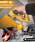 Slick Cordless Electric Scissors With Integrated Safety Shield And Quick Rechargeable 4V Battery cutting carpet easily with comfortable grip.