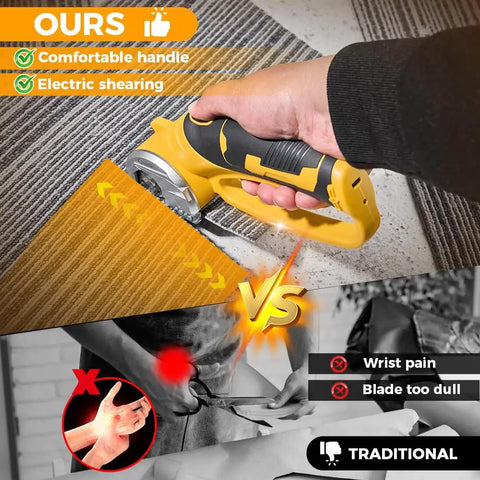 Slick Cordless Electric Scissors With Integrated Safety Shield And Quick Rechargeable 4V Battery cutting carpet easily with comfortable grip.