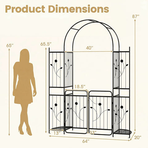 87 Inch Metal Garden Arch With Lockable Gate And Side Shelves Built Tough Arbor Trellis For Climbing Plants Outdoors Includes 6 Ground Stakes Decorative Entrance Archway For Patio And Lawn Black with product dimensions diagram showing silhouette for scale.