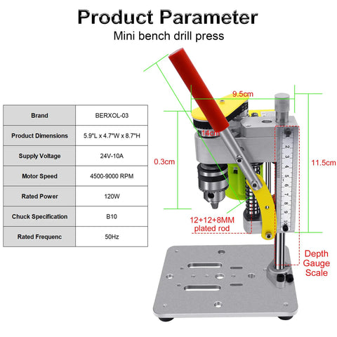 Side view of Compact Benchtop Mini Drill Press With Adjustable Speed And A Boss 795 DC Motor B10 Chuck Built For Metal Wood Jewelry And DIY Crafts Portable Lightweight Yellow, showing dimensions and features.
