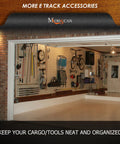 Open garage with organized tools and bikes, demonstrating use of E-Track system for storage and organization.