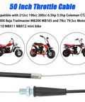 50-inch throttle cable for Coleman CT200U mini bikes with 212cc 196cc 200cc 6.5hp engine displayed with bikes