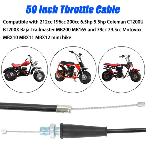 50-inch throttle cable for Coleman CT200U mini bikes with 212cc 196cc 200cc 6.5hp engine displayed with bikes