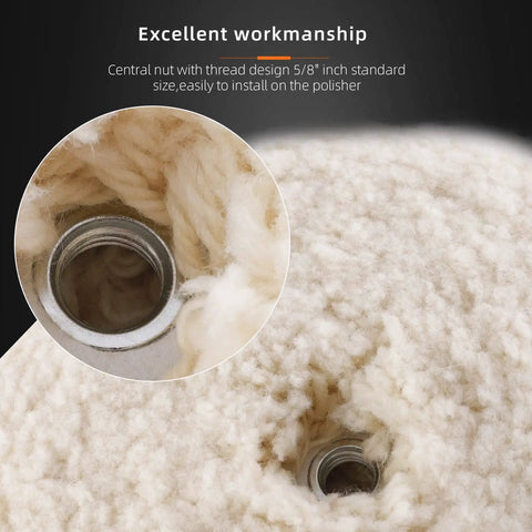 Close-up of 8 Inch Dual-Sided Wool Buffing Pad 100 Percent Natural Wool With 5/8-11 Thread For Easy Pro Grade Two-Sided Compound Cutting And Polishing