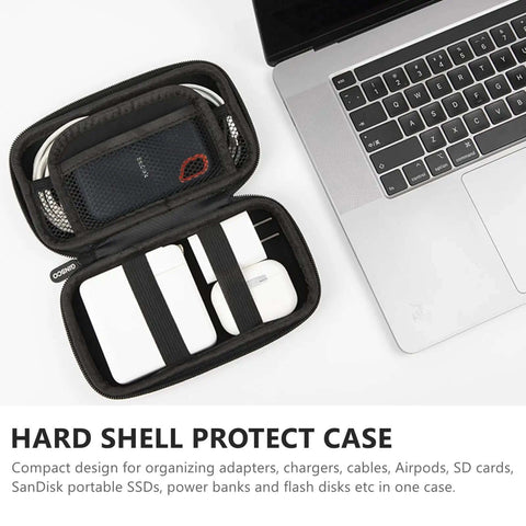 Hard Shell Tech Travel Case With All In One Cable Organizer And Mesh Pockets To Keep Your Adapters Power Banks External Drives And Memory Cards Locked Down And Ready For Any Daily Hustle Or Weekend Cruise Black, open with organized cords.