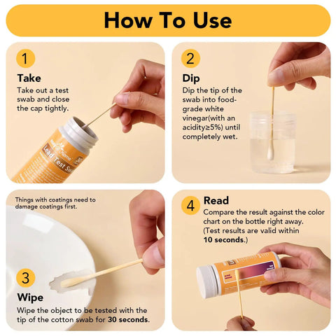 Step-by-step guide for using Lead Test Kit With Vinegar For Home Surfaces, featuring swabs and vinegar solution.