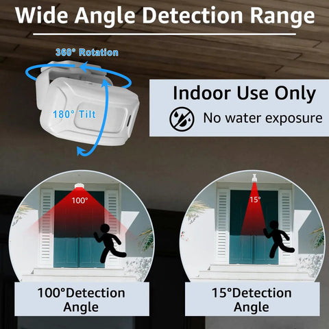 Wireless Motion Sensor Door Chime With 4 LED Indicators And Vibration No Drill Easy Install Doorbell Alarm For Home Office Store School 17 Ringtones And Syncable Alerts Indoor Use, 360° tilt sensor