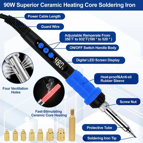 Must Have Soldering Iron Heat Set Kit For 3D Printing Enthusiasts, 90W Digital Soldering Iron with LED display and accessories