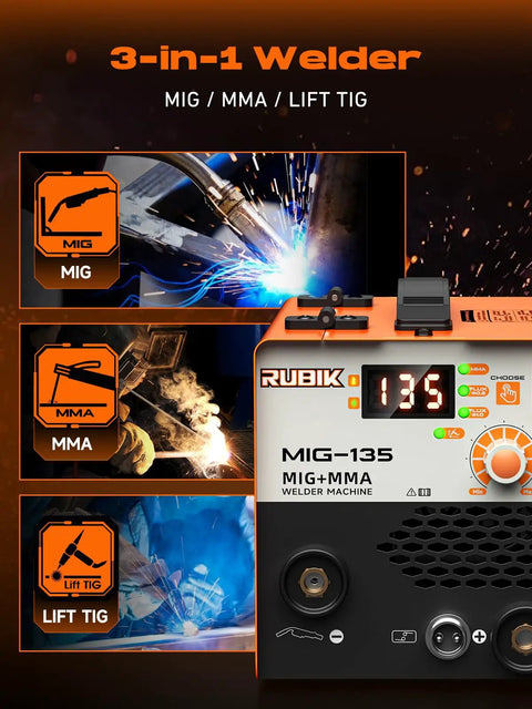 Three In One Gasless MIG Welder With Lift TIG And Stick Welding, 110V Flux Core Inverter with Synergic Control and LCD Display