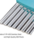 Two-piece crinkle cutter set with blue and green handles; stainless steel wavy blades.