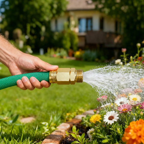 Hand holding hose with Two Pack Five Eighth Inch Garden Hose Repair Connector Set With Aluminum Male And Female Ends watering flowers