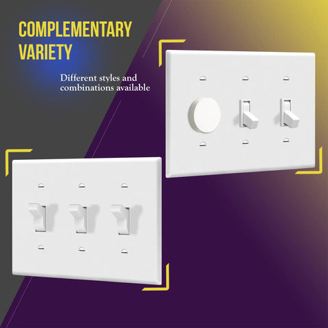 Triple Light Switch Wall Plate 3 Gang Gloss White Tough As Nails Polycarbonate Thermoplastic Unbreakable Build 4.50 Inch By 6.38 Inch Heat And Fade Resistant UL94 V2 Rated with different styles.
