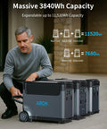 Man with Ark3600 Go To Portable Power Station, 3840Wh LiFePO4 Battery, 3600W Solar Generator, expandable capacity.