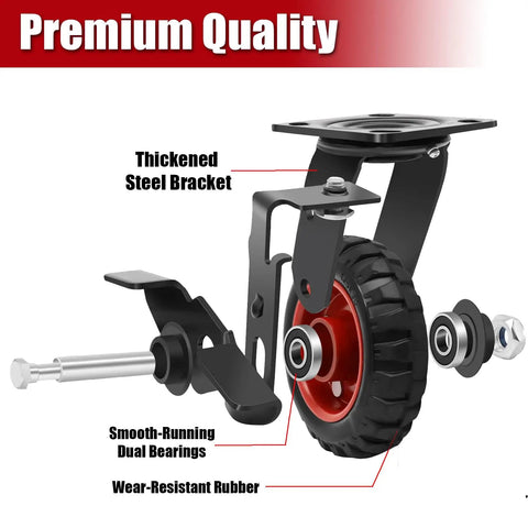 Close-up of Five Inch Heavy Duty Caster Wheels Set Of Four All Terrain Swivel Casters With Locking Brakes showing a thickened steel bracket.