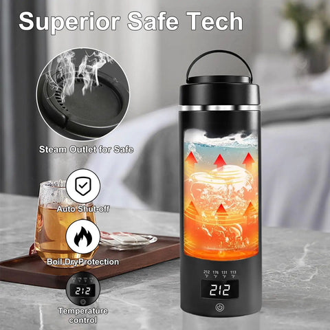 Portable Travel Electric Kettle With Four Temperature Settings 304 Stainless Steel Auto Shut Off 450ml on table
