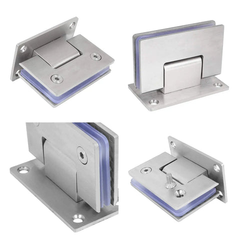 Two Pack 90 Degree Frameless Shower Door Hinges Beefy Heavy Duty Stainless Steel Gate Clamps For 8 To 12 Mm Toughened Glass Rust And Corrosion Resistant Bathroom Hardware showing various angles and close-up details of hinges