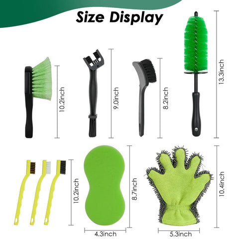 Size Display of 9 Piece Motorcycle Cleaning Kit All-In-One Dope Pro Grade Detailing Bundle with various brushes, mitt, sponge