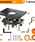Beefy Heavy Duty Aluminum Router Lift Kit For 1.25 HP 2.25 HP And 3.25 HP Routers with table insert plate and parts displayed