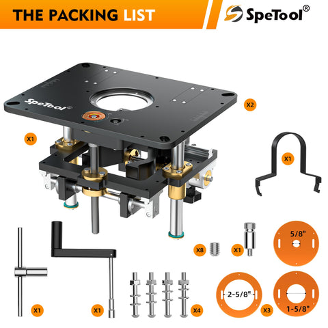 Beefy Heavy Duty Aluminum Router Lift Kit For 1.25 HP 2.25 HP And 3.25 HP Routers with table insert plate and parts displayed
