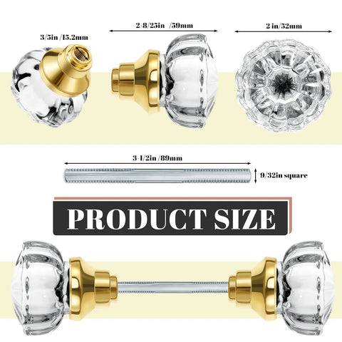 Two Pack Glass Door Knobs Set With Spindle, Mortise Style Fluted Crystal Antique Door Hardware For Interior Doors, Gold Finish, Retro Vibe Look, Easy Install Replacement For Home Decor
