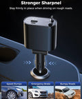 Retractable 4 In 1 USB C Car Charger with Dual Cables 69W fast charging in car console, displaying voltage, with secure fit.