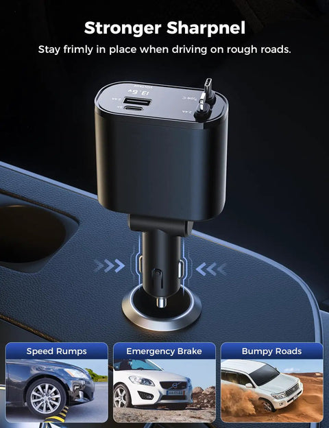 Retractable 4 In 1 USB C Car Charger with Dual Cables 69W fast charging in car console, displaying voltage, with secure fit.