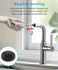Bar Sink Faucet With Pull Down Sprayer And Magnetic Docking in chrome, highlighting the sprayer being docked by hand.