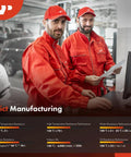 Two mechanics in red uniforms checking a computer in an automotive workshop with performance charts overlayed on the image.