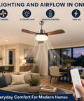 MADISH 42 Inch Ceiling Fan with Lights and Remote in modern living room, features remote control and wood grain blades.