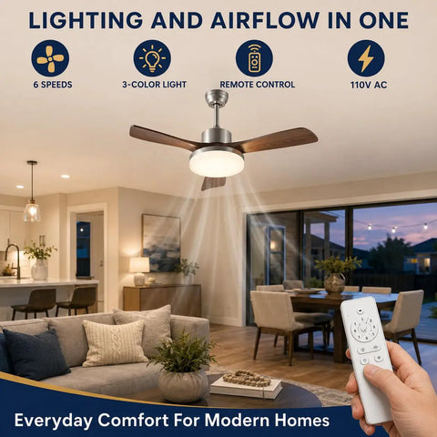 MADISH 42 Inch Ceiling Fan with Lights and Remote in modern living room, features remote control and wood grain blades.