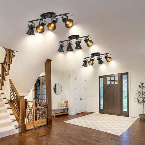 Plug In Four Light Track Lighting Fixture In Industrial Black With Long 14.7 Foot Wire installed in entryway