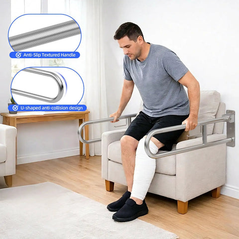 Built Tough 304 Stainless Steel Bathroom Grab Bar With Heavy Duty 510 Lb Capacity Fold Up Anti Slip Toilet Safety Rail And Rustproof Wall Mount Support For Seniors, used by man sitting on a couch.